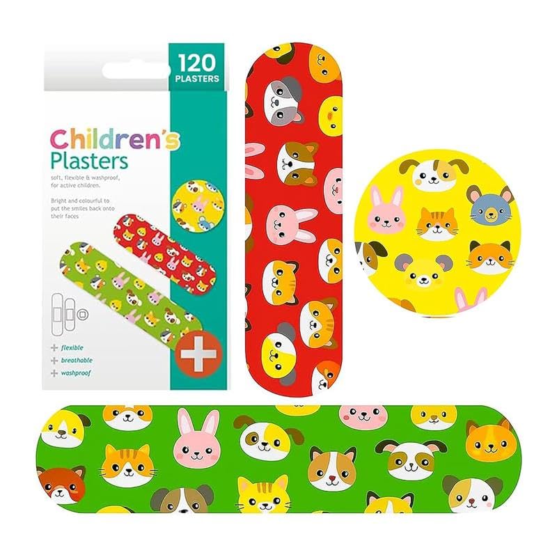 HiFENÂ® Children's Kids Plasters â€“ Pack of 120 Assorted Sizes & Fun Designs â€“ Waterproof, Skin-Friendly Adhesive Bandages for Cuts, Scrapes & Wounds â€“ Ideal for Home, School & First Aid Kits